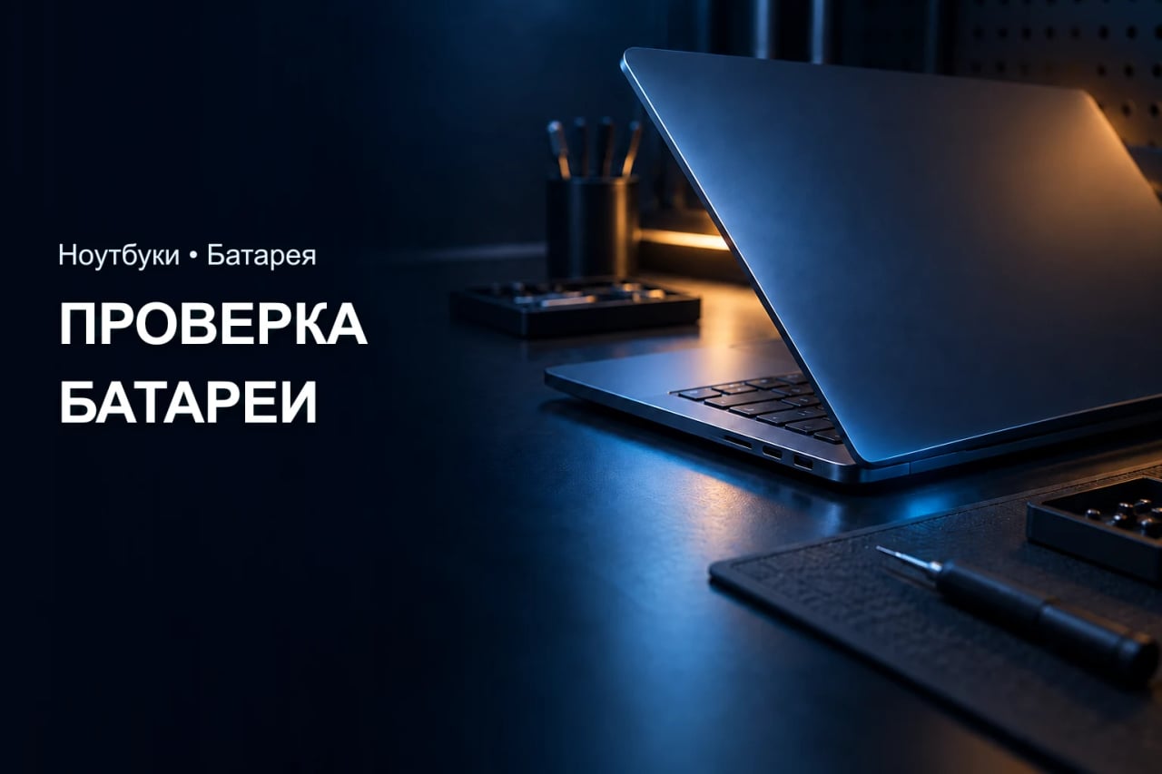 Как проверить батарею ноутбука Ноутбук на тёмном рабочем столе рядом с инструментами