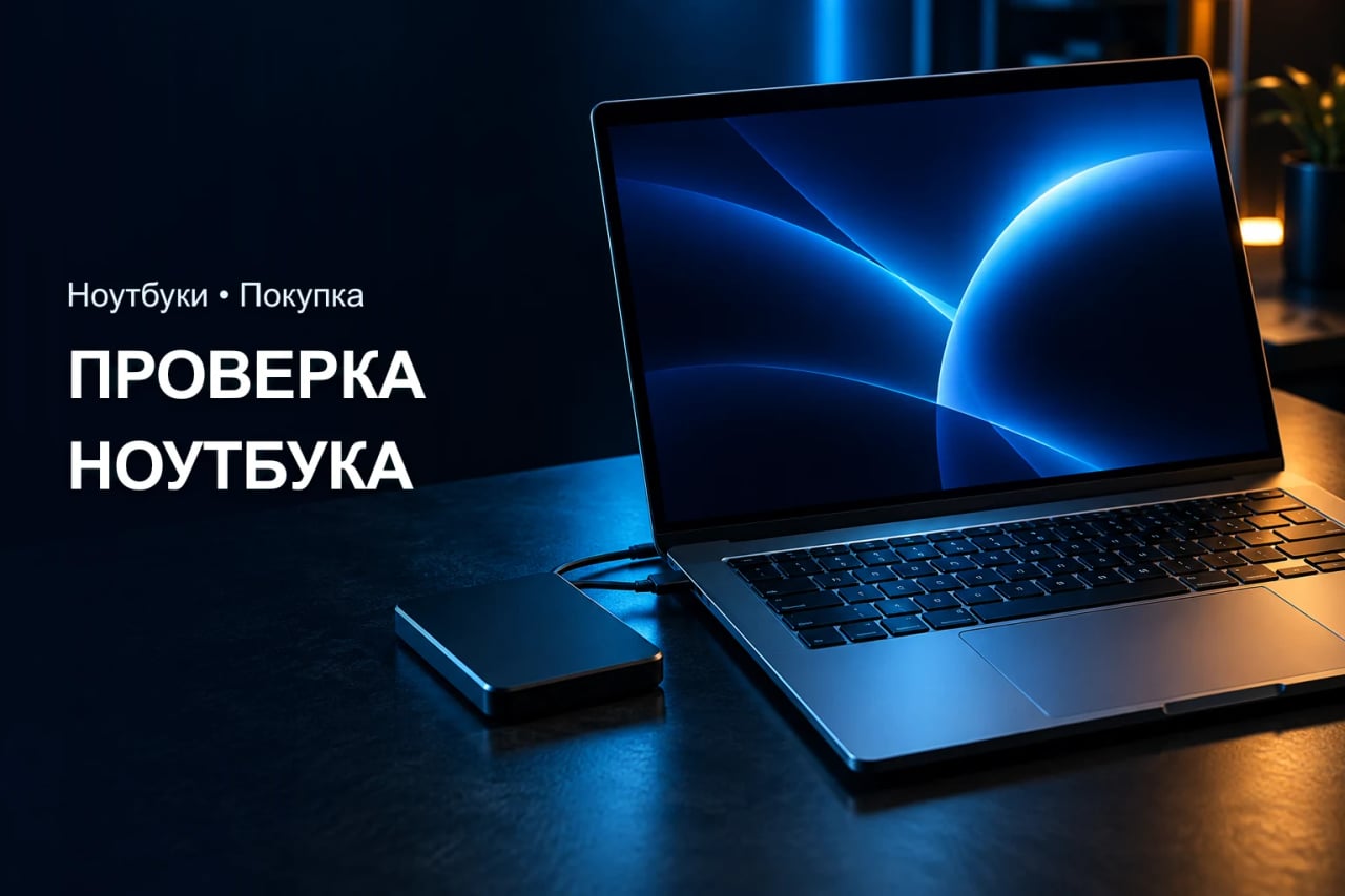 Как проверить ноутбук перед покупкой Ноутбук на тёмном столе перед проверкой экрана и клавиатуры при покупке