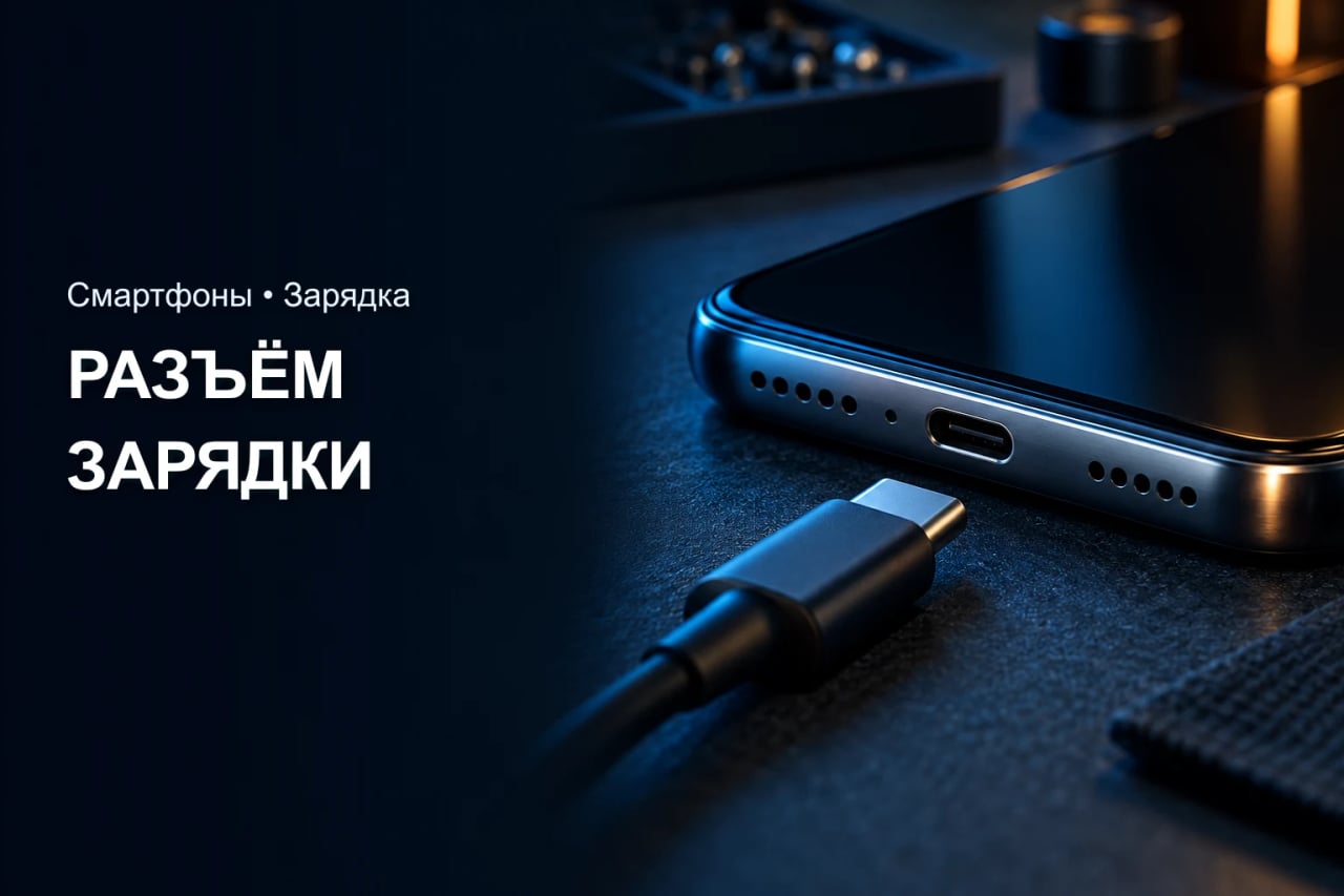 Зарядка телефона только под углом Разъём USB-C смартфона и отключённый зарядный кабель на тёмном столе