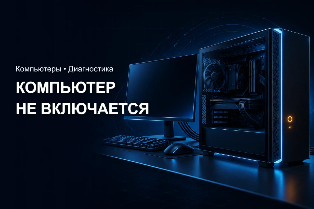 Системный блок компьютера с тёмным монитором и подсвеченной кнопкой питания во время диагностики