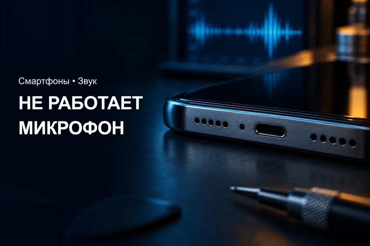 Не работает микрофон телефона Нижняя грань смартфона с отверстиями микрофона на тёмном фоне