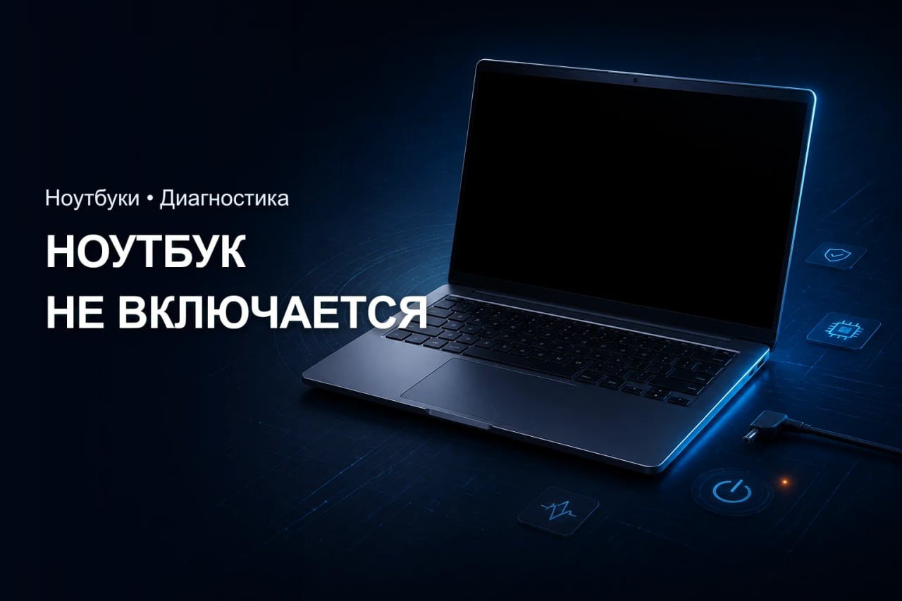 Что проверить, если ноутбук не включается Ноутбук с чёрным экраном, зарядным кабелем и индикаторами диагностики питания