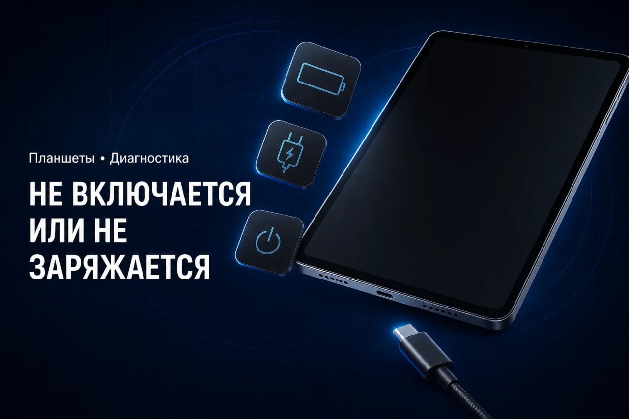 Планшет с чёрным экраном, зарядным кабелем и пустой батареей