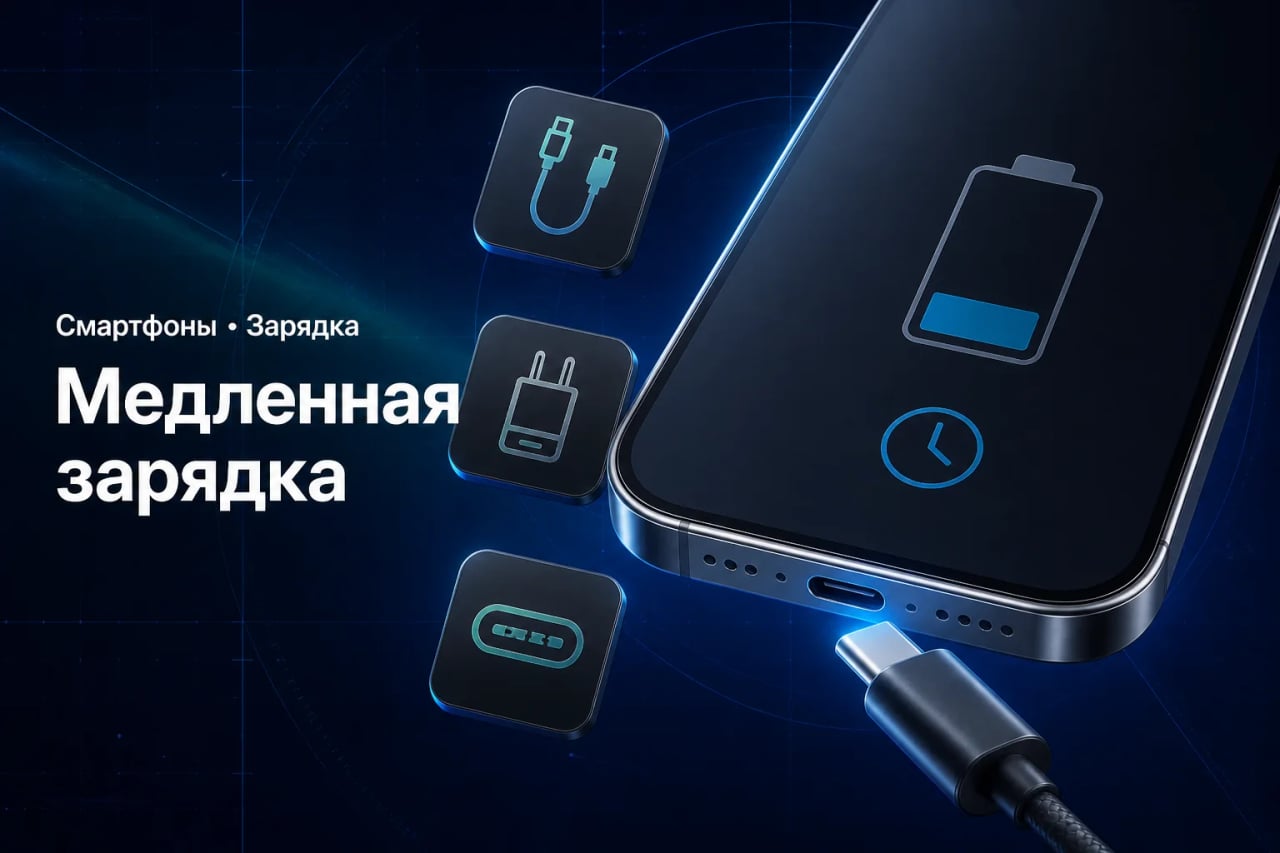 Телефон, зарядный кабель и значки проверки медленной зарядки