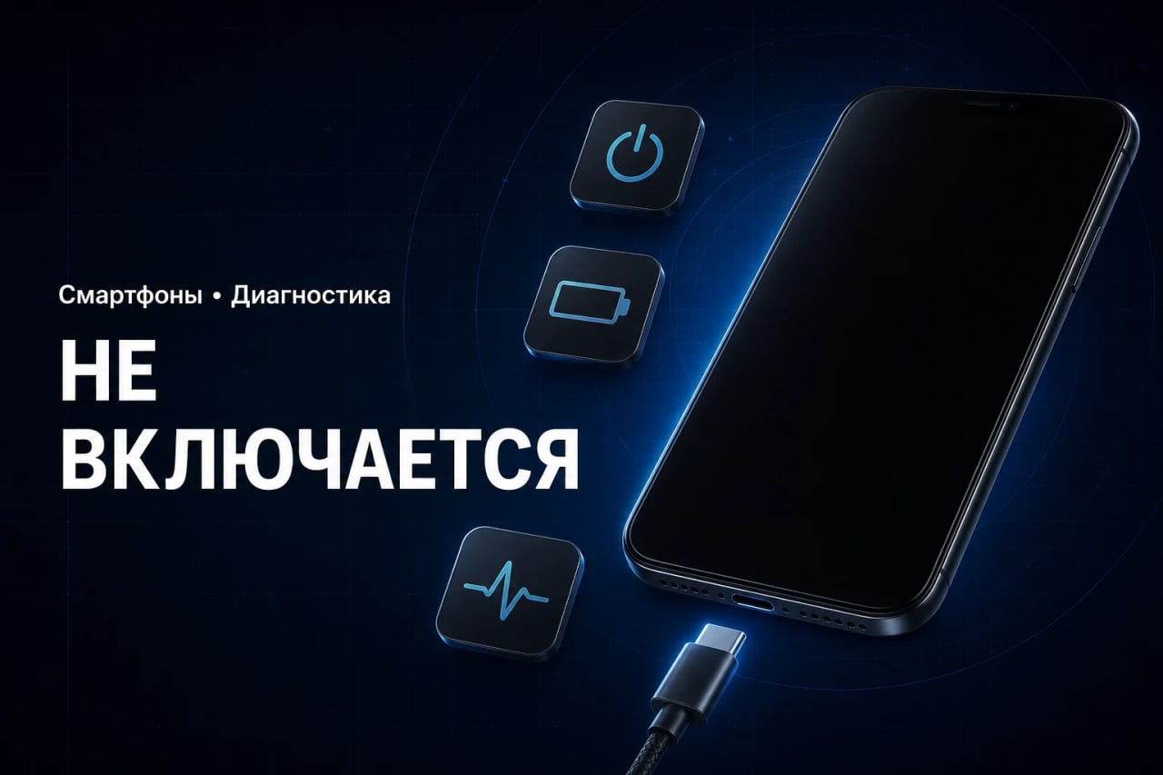 Телефон с чёрным экраном, разряженной батареей и диагностикой питания