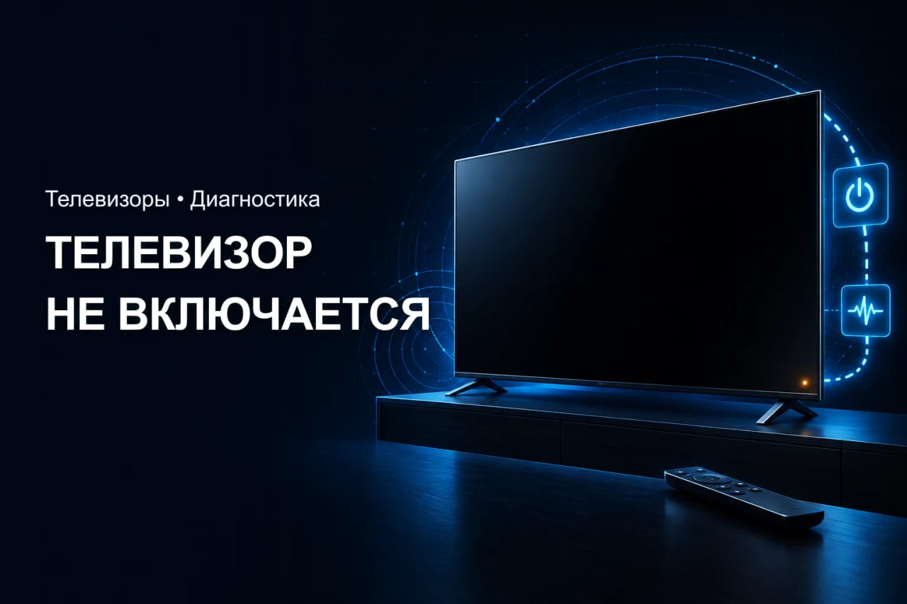 Телевизор с тёмным экраном, индикатором питания и пультом во время диагностики включения